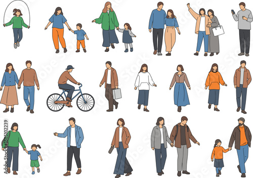 Diverse people and families engaged in lifestyle activities including walking cycling jumping rope and parenting for community design