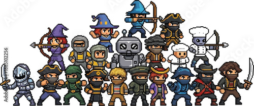 Collection of diverse pixel art character sprites featuring fantasy medieval classes adventurers and unique figures for game development projects