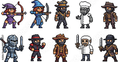 Collection of ten distinct pixel art character sprites featuring fantasy adventurers robots and stealthy figures ready for gaming development