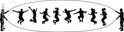 Silhouettes of people jumping rope together, expressing teamwork, fitness, joy, group activity, coordination, energy, healthy lifestyle, fun exercise concept