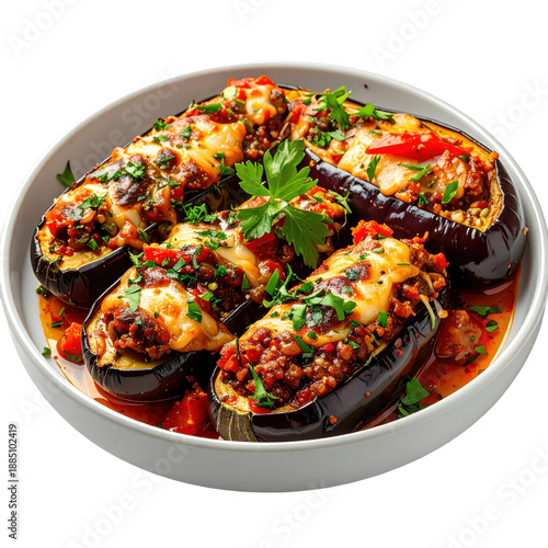 Imam bayildi, turkish stuffed eggplants with a rich tomato and onion filling, isolated on white background this famous dish translates as 