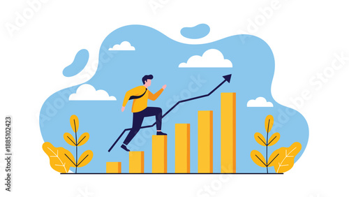 A businessman confidently runs up a rising bar chart with an arrow, symbolizing career progression, business growth, and financial success.