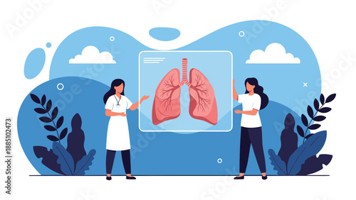 A female doctor and a patient hold up a transparent screen displaying an image of human lungs, discussing respiratory health and pulmonology.