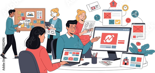 Diverse team of five professionals collaborating actively on website user interface design mockups and digital project planning using various modern office tools