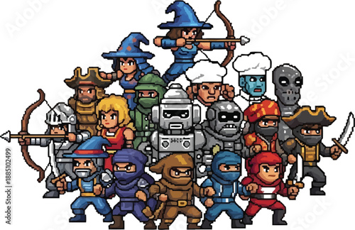 Assorted collection of diverse pixel art characters featuring ninjas knights wizards robots pirates and chefs standing together for a game asset showcase
