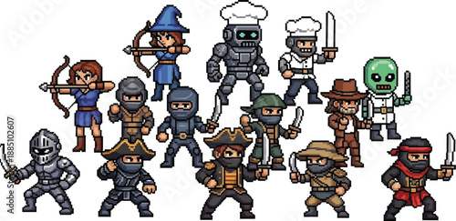 Collection of diverse retro pixel art characters including fantasy fighters ninja pirates archers a robot and an alien figure ready for gaming projects