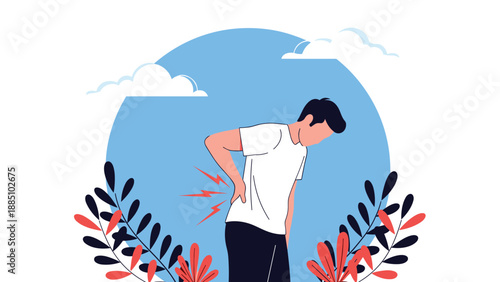 A man holds his lower back in pain, with red lightning bolts indicating a backache, muscle strain, or injury in a flat design style.
