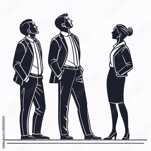 Diverse business professionals in modern minimalist silhouette standing together in a line looking up