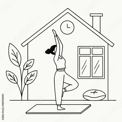 Woman practices yoga on a mat outside her house in a peaceful morning scene with a plant and clock