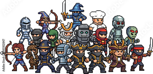 Collection of diverse pixel art fantasy and sci-fi game characters featuring various classes like archers warriors robots pirates and ninjas ready for adventure