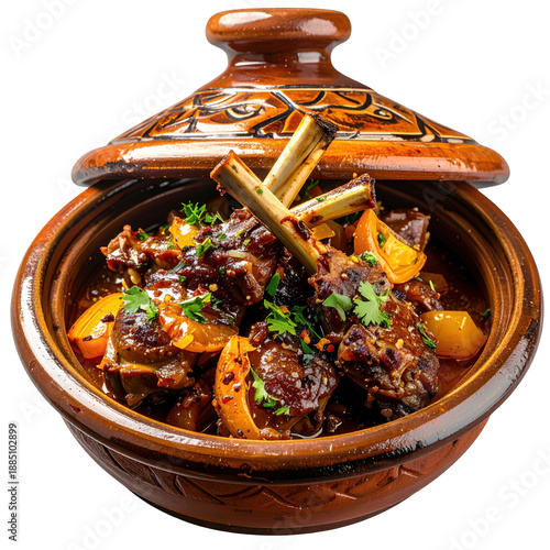 Aromatic tajine mrouzia, tender lamb slow-cooked with honey, spices, and dried fruits, a celebration dish isolated on a pristine white background
