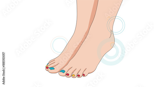 A woman's feet are shown with a vibrant, multi-colored pedicure, featuring red, yellow, and blue nail polish for a fun, summery look.