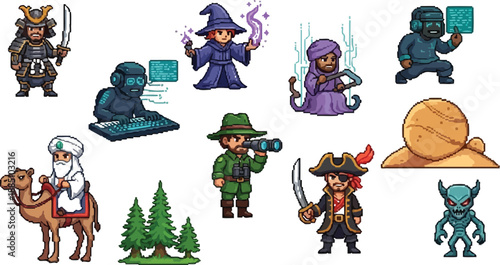 Collection of diverse pixel art characters including a samurai pirate wizard explorer a camel rider and various fantasy game sprites