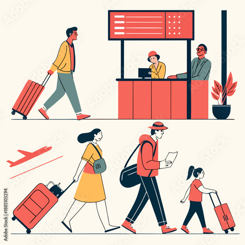 Travelers with luggage walking to airport check in counter airplane in background vibrant reds and yellows