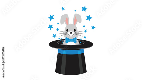 A cute grey rabbit with a blue bow tie pops out of a black magician's top hat, surrounded by a burst of blue stars.