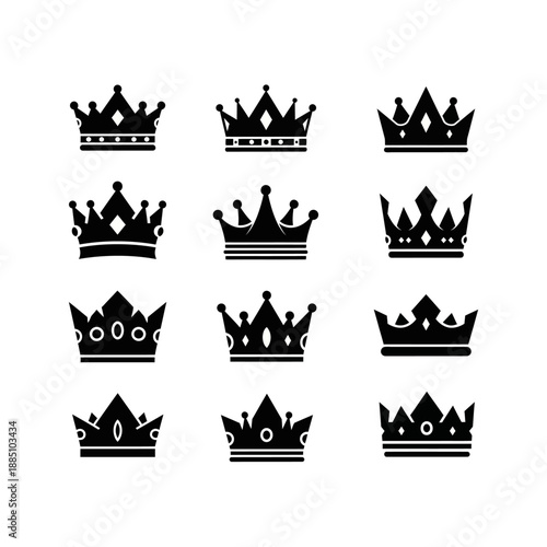 A diverse collection of twelve black crown silhouettes, each with unique regal designs, symbolizing royalty, power, and monarchy.