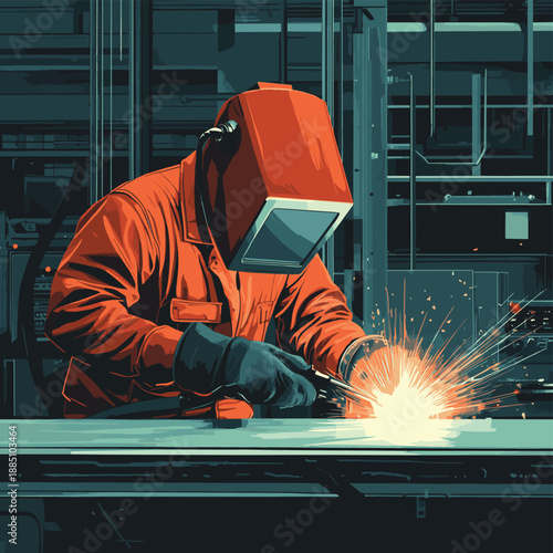 welder at work in a factory , vector style simple color