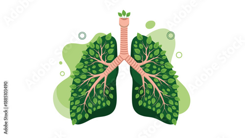 An illustration of human lungs formed by green tree branches and leaves, symbolizing clean air, respiratory health, and environmental consciousness.