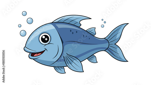 A friendly and cute blue cartoon fish with big eyes smiles happily as it swims, with a few air bubbles floating nearby.