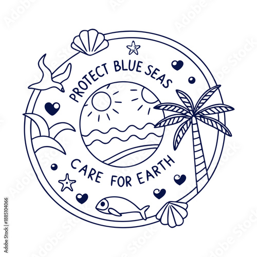 Protect Blue Seas Care For Earth Circular Line Art Badge vector Illustration, easily editable.