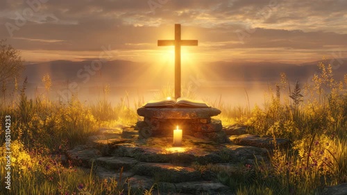 Open bible cross sunrise light prayer hope faith peace golden field calm sunrise cross Bible candle stone altar field peaceful spiritual worship scene with warm light and nature golden sunrise cross