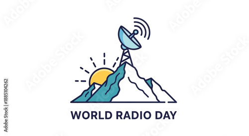 World radio day logo with satellite dish on mountain peak at sunrise symbolizing global communication and broadcasting