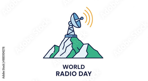 World radio day illustration with satellite dish on mountain peak celebrating global radio communication