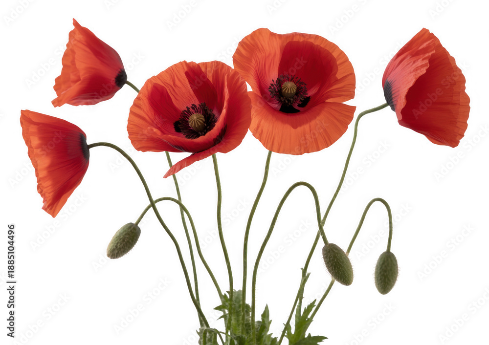 Naklejka premium Red poppy flowers red poppies poppy bouquet green stems isolated on a transparent background