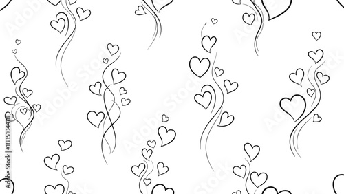 A romantic seamless pattern of delicate, hand-drawn black heart outlines swirling upwards in elegant lines on a simple white background.