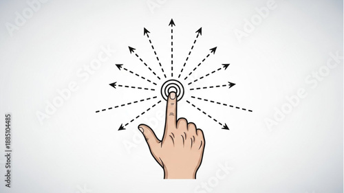 Finger pressing a button with radiating arrows showing direction.