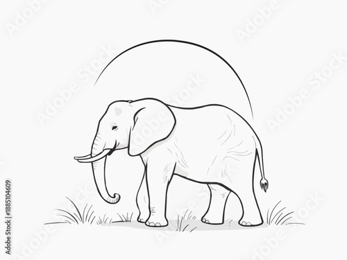 Minimalist, organic line art illustration of a graceful African elephant roaming in the savanna, with flowing, continuous black lines on a clean white background for coloring book, Generative AI