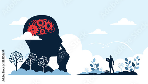 Silhouette of a pensive human head with red mechanical gears inside, symbolizing critical thinking, psychology, and the inner workings of the mind.