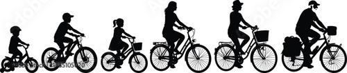 Silhouettes of family cycling together, showing growth stages, active lifestyle, outdoor recreation, healthy habits, eco transport, bonding journey concept