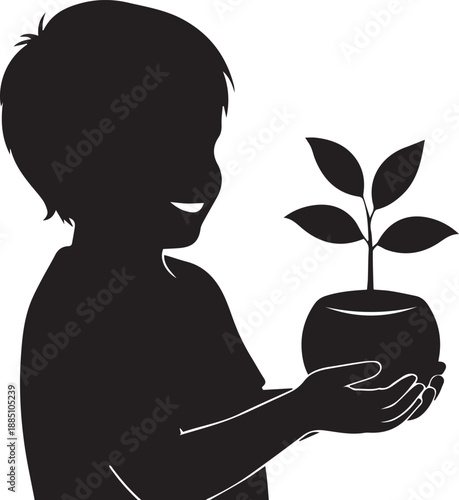 Happy child holding small potted plant in hands vector silhouette illustration for future