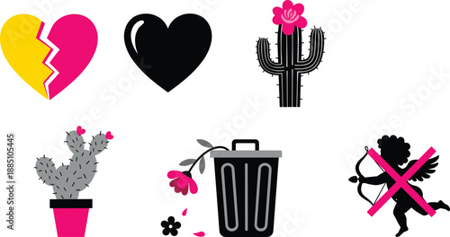 Anti valentines day love stinks vector illustration set with cactus, broken heart and cupid
