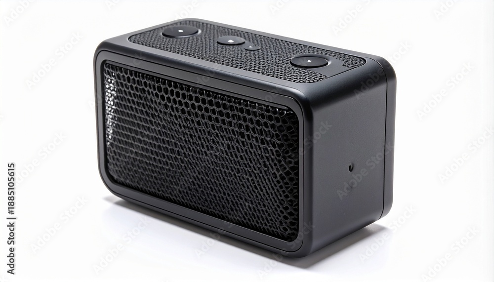 Fototapeta premium Black portable Bluetooth speaker with mesh grille and control buttons on white surface