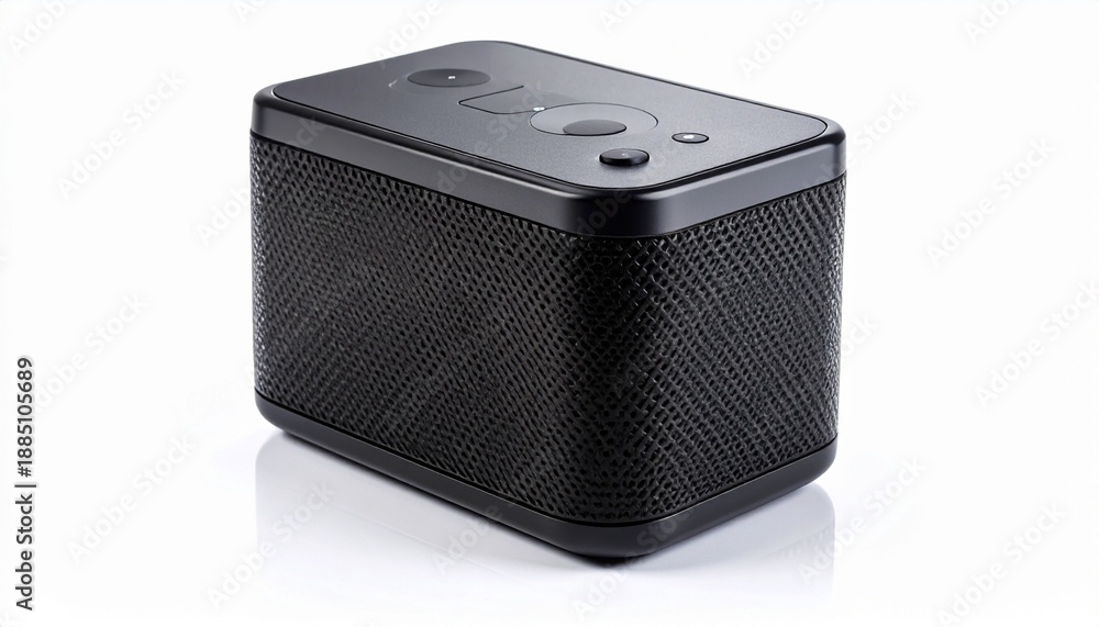 Fototapeta premium Black portable Bluetooth speaker with mesh grille and control buttons on white surface