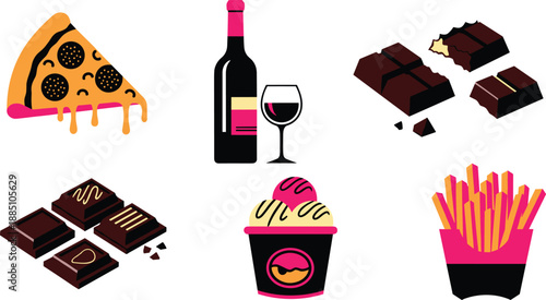 Anti valentines day vector illustration set with pizza slice, wine, chocolate and french fries