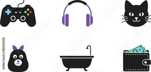 Collection of single person hobbies and self care items like controller headphones and cat