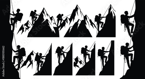 Mountain climbing silhouettes, rugged peaks, climbers with gear, rope action, outdoor adventure, perseverance, black shape, cad drawing flat vector illustration