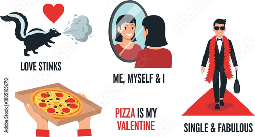Anti valentines day vector illustration set with skunk, girl in mirror and man in red boa