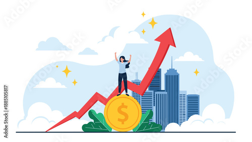 A cheerful woman celebrates on a giant gold coin with a rising red arrow, symbolizing financial success, growth, and profitable investment.