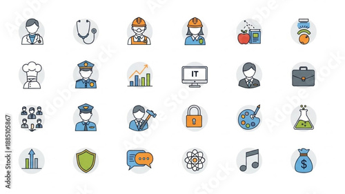 Collection of diverse profession and business icons.