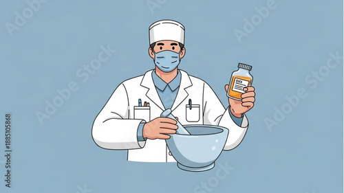 Doctor wearing mask holding medicine bottle and mortar pestle.