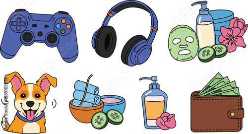 Self care and hobbies illustration vector set of relaxing activities video gaming and wellness items