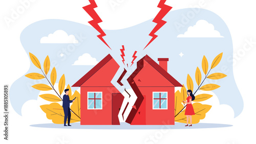 A house broken in half with a man and woman on opposite sides, symbolizing the painful process of divorce, separation, and family conflict.