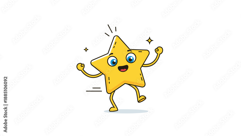 Fototapeta premium A cheerful and energetic cartoon golden star character with a happy face, running and sparkling to represent success and winning.