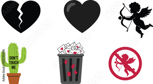 Symbols of heartbreak and romance rejection on valentine day silhouette