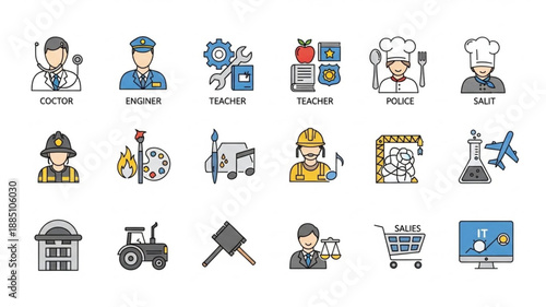 Collection of diverse professional occupation icons representing various careers.