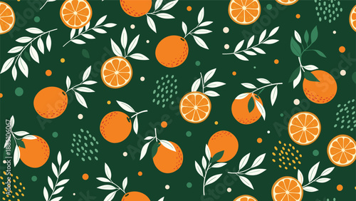 A vibrant seamless pattern with oranges, citrus slices, and leaves on a dark green background, creating a fresh and fruity design.